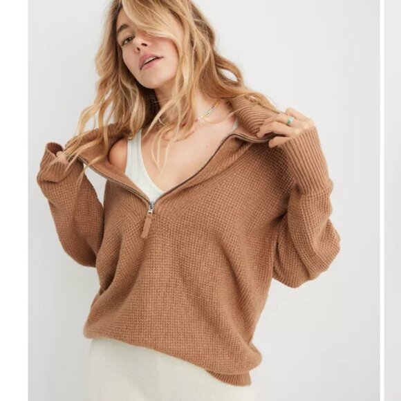 Aerie CozyUp Waffle Quarter Zip Sweater in Cappucino - Picture 1 of 5